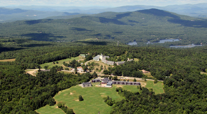 An aerial view of Steele Hill Resorts and the surrounding forests